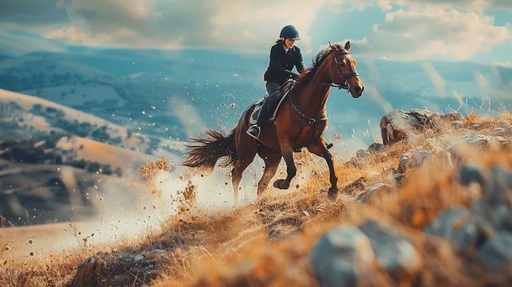 A rider in black attire and a helmet gallops a brown horse down a scenic, grassy hillside.