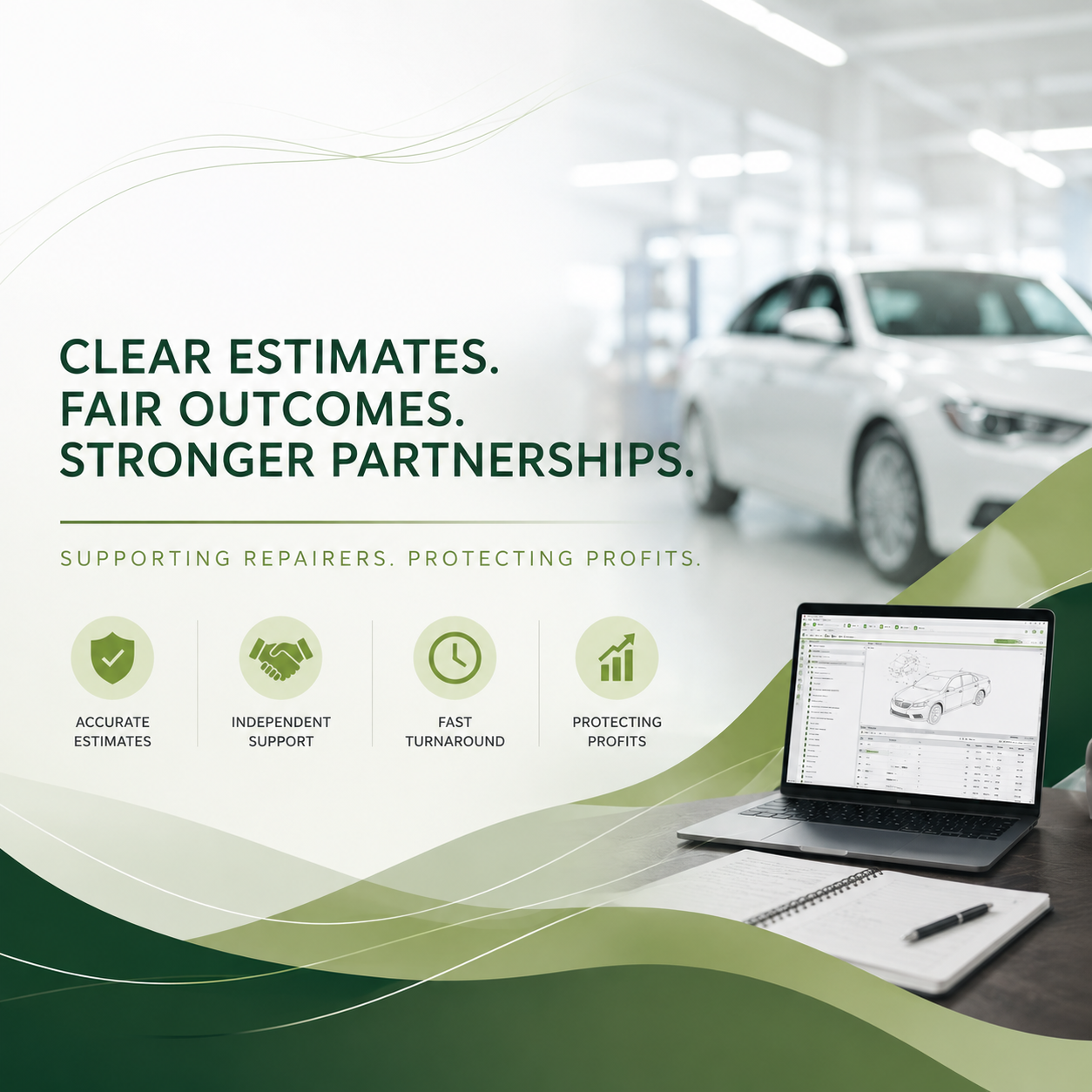 Estimate Solutions vehicle estimating support for repairers, showing clear estimates, fair outcomes