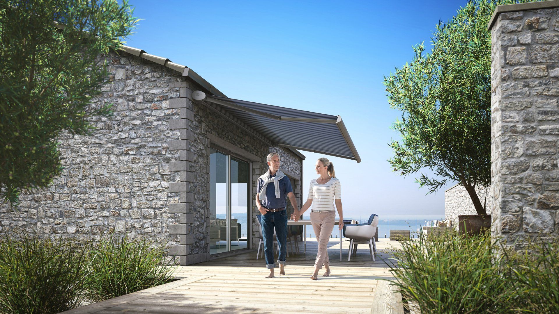 Gelenkarmmarkise nach Maß. Streifendesign