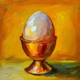 Illustriertes gekochtes Ei im Eierbecher vor gelben Hintergrund.