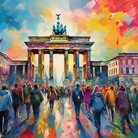 Illustriertes Brandenburger Tor mit vielen Menschen im Vordergrund, Abendstimmung, bunter Himmel