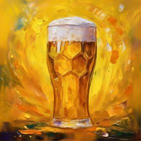 Illustriertes Glas Bier mit Schaumkrone, vor gelben Hintergrund.