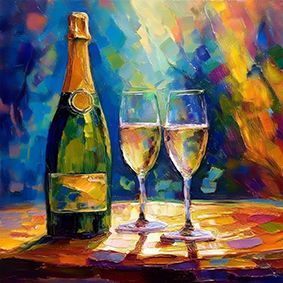 Illustrierte Champagnerflasche mit 2 gefüllten Gläsern rechts davon, auf einem Holztisch, vor blau gelben Hintergrund mit einem Verlauf.