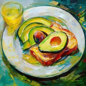 Illustriertes Avocadobrot mit aufgeschnittener und halber Avocado mit Kern, auf grünlichem Hintergrund