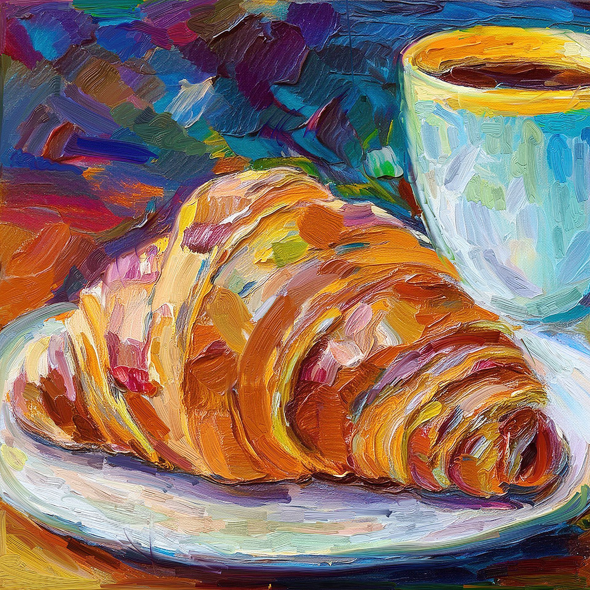 Illustriertes Croissant auf einem Teller mit einer Tasse Kaffee, vor einem bläulichen Hintergrund.