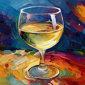 Gemaltes Weißweinglas auf einem Tisch, vor bläulichem Hintergrund mit Verlauf, auf einem gelb roten Tisch mit Verlauf.