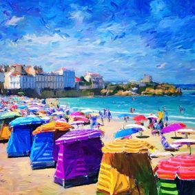 Illustrierte Künstlerfliese mit Blick auf den Grand Plage in Biarritz, mit vielen bunten Sonnenschirmen, Blick auf ein Hotel.