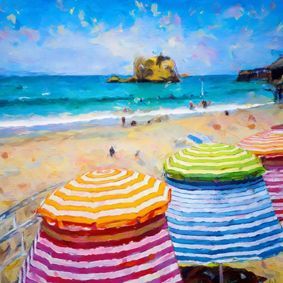 Illustrierte Künstlerfliese Grand Plage in Biarritz, Felsen im Wasser u nd Menschen am Strand, Sonnenschirme im Vordergrund.