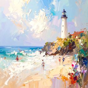 Illustrierte Künstlerfliese mit Leuchtturm und Küste von Biarritz, Meer und Strand.