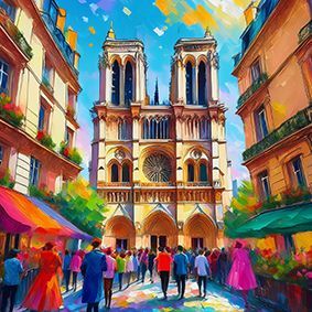 Illustrierter Blick auf Notre Dame, Paris, mit Gebäuden rechts und links, mit Kaffees und Menschen auf der Straße.