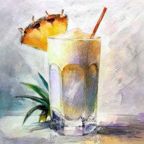 Illustriertes Glas mit Pina Colade mit einer Ananasscheibe am Rand und Strohhalm, auf einem Tisch, vor hellem Hintergrund.