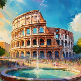 Illustriertes Colloseum mit Trevi Brunnen im Vordergrund, Sonnenschein mit blauem Himmel