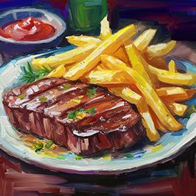 Illustriertes Steak mit Pommes Frites auf einem Holztisch und Ketchup daneben, vor einem dunklen Hintergrund.