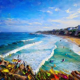 Illustrierte Künstlerfliese mit einer Küste und Surfer im Wasser und am Strand.