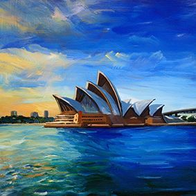 Illustriertes Opernhaus in Sydney, mit Blick vom Meer, Abendstimmung