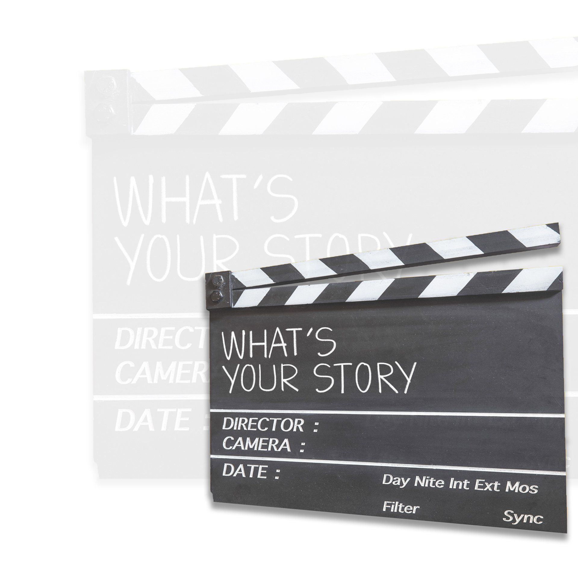 Filmklappe mit Text What´s your story