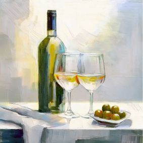 Gemalte Weißweinflasche, zwei Gläsern und einer Schale mit Oliven daneben, vor hellem Hintergrund.