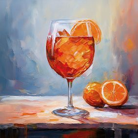 Illustriertes Glas mit Aperol und Orange am Glasrand, auf einem Holztisch, vor einem hellen, leicht bläulichen Hintergrund.