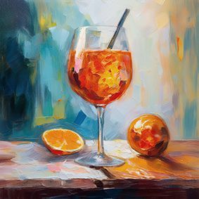 Illustriertes bauchiges Aperol Glas mit Strohhalm auf einem Holztisch, einer ganzen und einer aufgeschnittenen Orange, vor blau gelben und hellem Hintergrund.