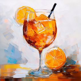 Illustrierter Aperol Spritz mit Strohhalm und einer Orangenscheibe am Glasrand, vor einem hellen Hintergrund.