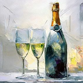 Gemalte Champagnerflasche mit 2 gefüllten Gläsern links davon, auf einem Tisch und vor hellem Hintergrund.
