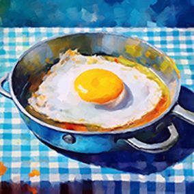 Illustriertes Spiegelei in einer Pfanne, auf einem Tisch mit einer blau weiß karierten Tischdecke