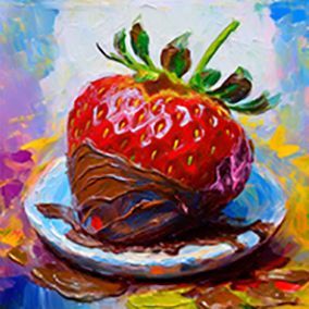 Illustrierte große Erdbeere, mit Schokolade an der Spitze, auf einem Teller, gelb, blauer Untergrund, mit hellem Hintergrund.