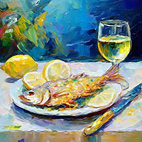 Illustrierter gebackener Fisch mit Zitronen, ein volles Weißweinglas, daneben. Vor hellblauen Hintergrund mit Verlauf.
