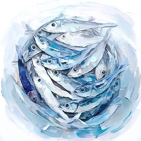 Illustrierte, kleine, Sardinen auf einem Teller im Kreis angeordnet, heller Hintergrund, leichtem Schatten unter den Sardinen