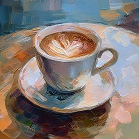 Illustrierte Kaffeetasse mit Schaum auf dem Kaffee, der wie ein Herz aussieht, auf einem runden Tisch