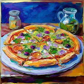 Illustrierte Pizza auf einem Holztisch mit Pfeffer und Olivenöl, mit leicht blauem Hintergrund.