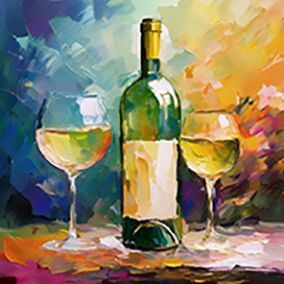 Gemalte Weißweinflasche mit zwei gefüllten Gläsern je rechts und links. Auf einem Tisch, vor einem blau gelben Hintergrund.