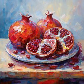 Illustrierte Granatäpfel, 2 ganze und 1 aufgeschnittener im Vordergrund auf einem Teller, vor einem hellblauen Hintergrund.