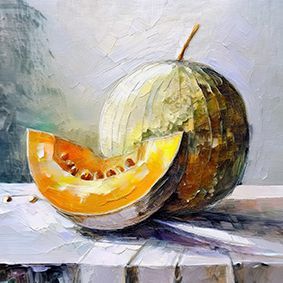 Illustrierte Honigmelone, eine ganze und aufgeschnittene im Vordergrund auf hellen Holztisch, vor hellgrauem Hintergrund.