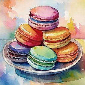 Illustrierte bunte Macarons auf einem Teller als Pyramide gestapelt, 6 Stück, vor buntem Hintergrund in Pastellfarben.