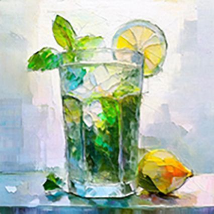 Gemaltes Mojitoglas mit Zitrone und Minze am Glasrand, auf einem Glastisch, mit einer halben Zitrone neben dem Glas.