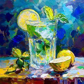 Illustriertes Mojitoglas mit Minze und Zitrone am Glas, eine halbe und eine ganze Zitrone, mit blau, grünem Hintergrund.