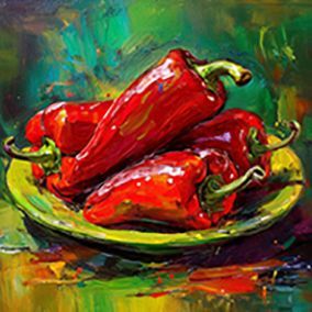 Illustrierte Spitzpaprika, 4 Stück, liegen auf einem grün gelben Teller, vor einem grünlichen Hintergrund.