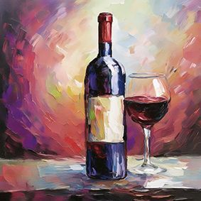 Illustrierte Rotweinflasche mit einem gefüllten Rotweinglas rechts davon, auf einem Holztisch stehend, vor einem rötlichen Hintergrund mit hellem Verlauf.