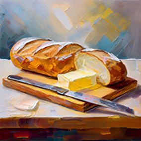 Illustriertes Baguette, aufgeschnitten, ein Stück Butter und einem Messer auf einem Holzbrett, vor einem hellen Hintergrund.