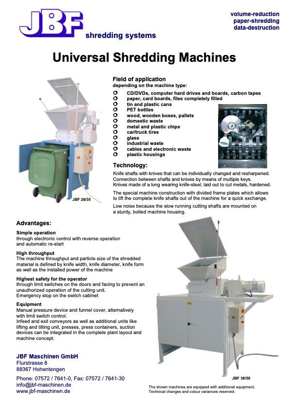 Brochure JBF Universal Shredding Machines
