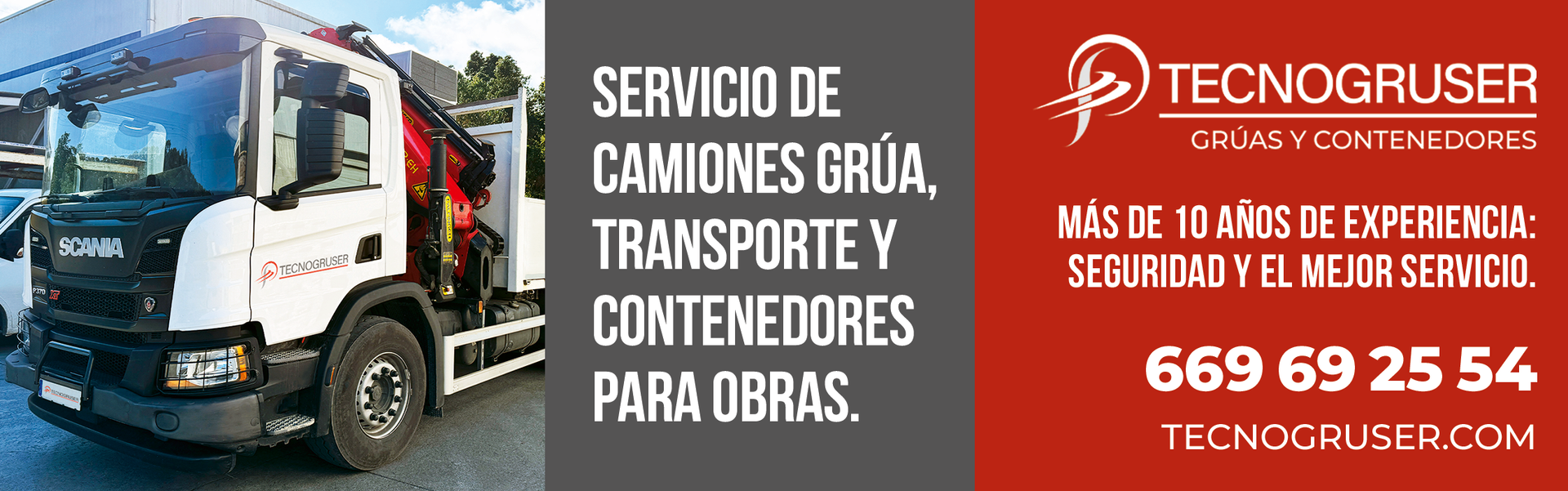 Banner publicitario de Tecnogruser: servicio de camiones grúa, transporte y contenedores