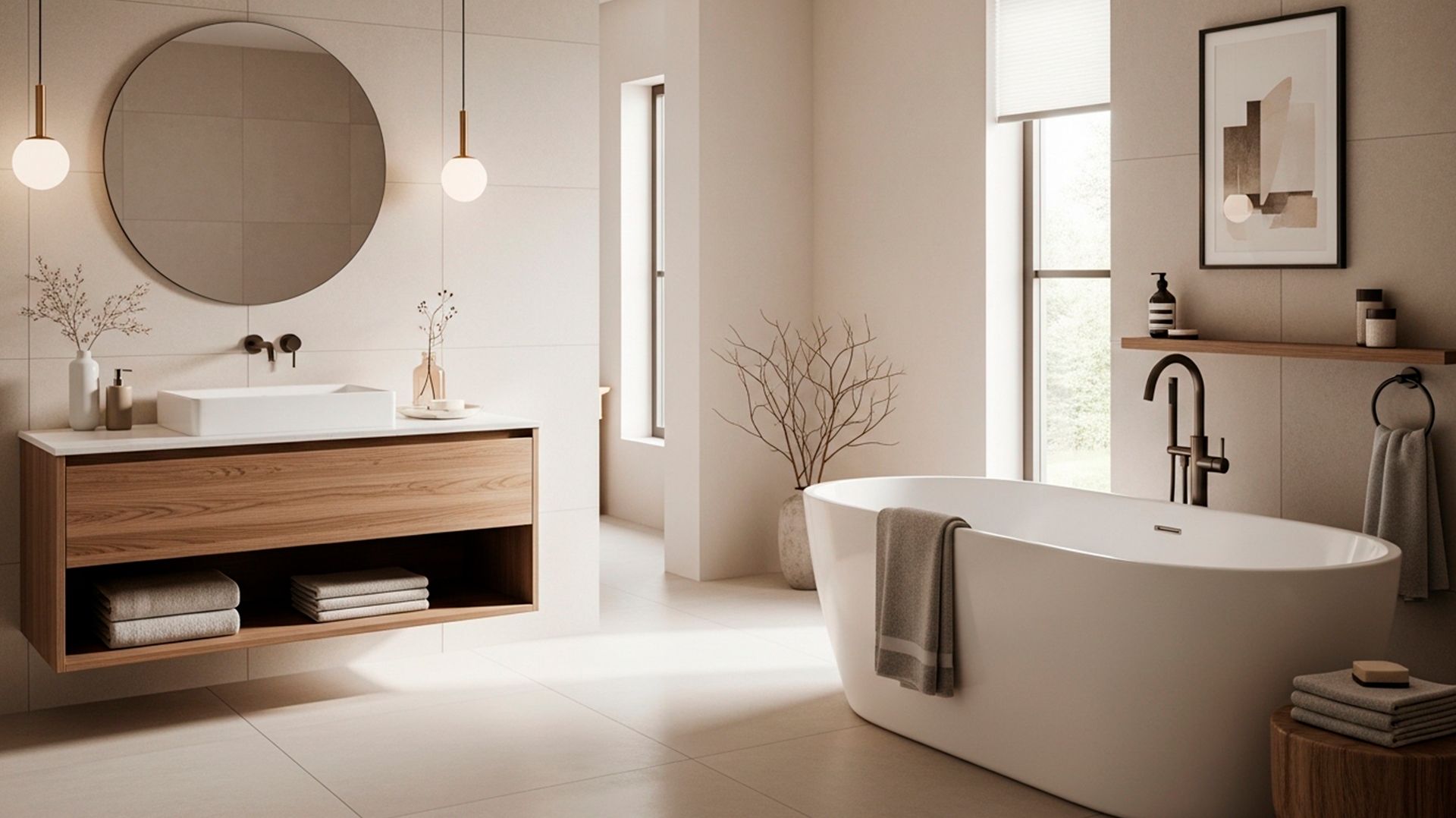 Bañera moderna en baño amplio con diseño elegante y ambiente relajante