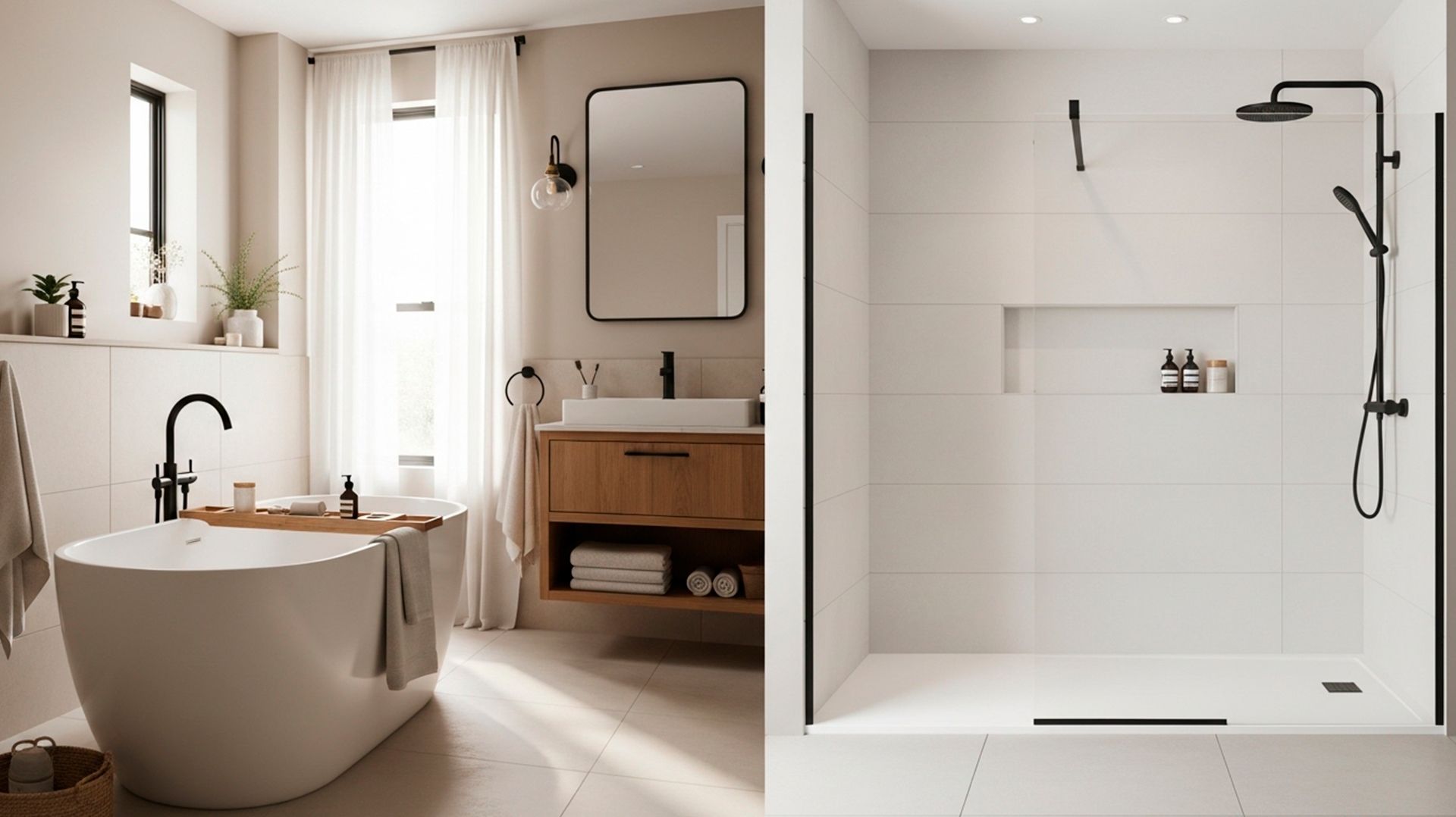 Bañera y plato de ducha en baño moderno comparando ambas opciones