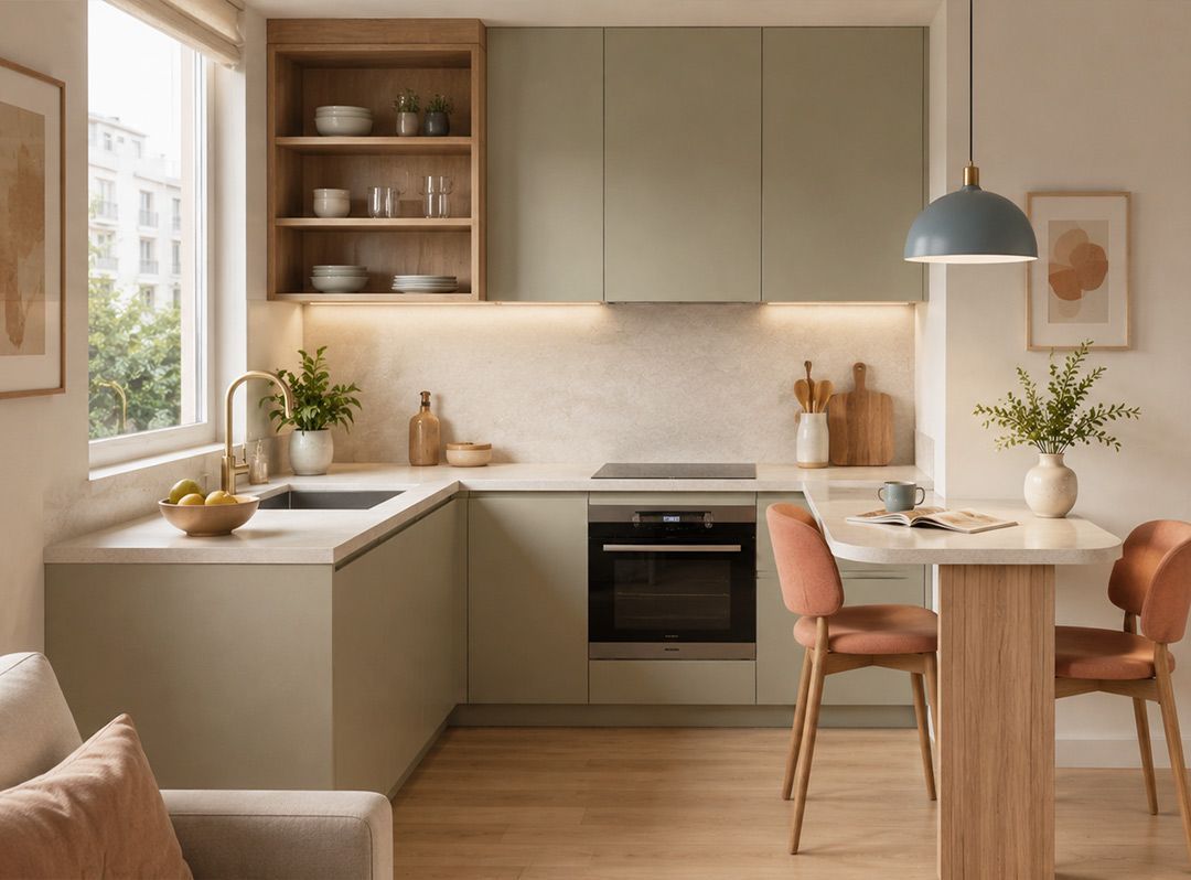Cocina con sillas blancas diseñada por Sallende Cocinas
