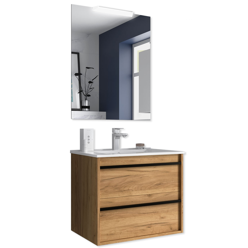 Conjunto Attila 80 2C Roble Ostippo con mueble, lavabo y espejo