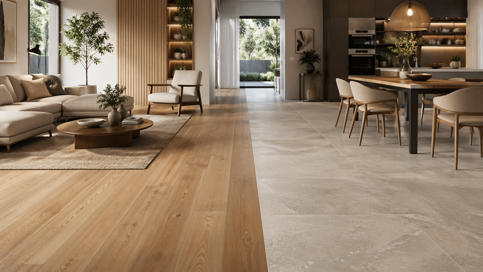 Vista de espacio interior con suelo laminado a la izquierda y suelo porcelánico a la derecha