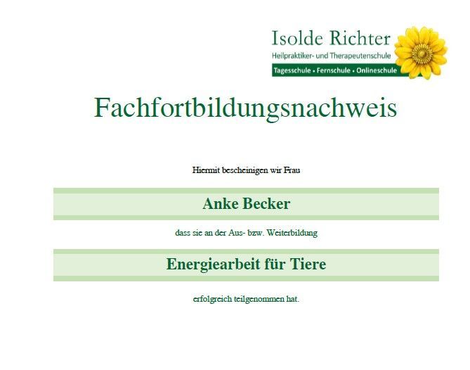 Fortbildung Energiearbeit für Tiere