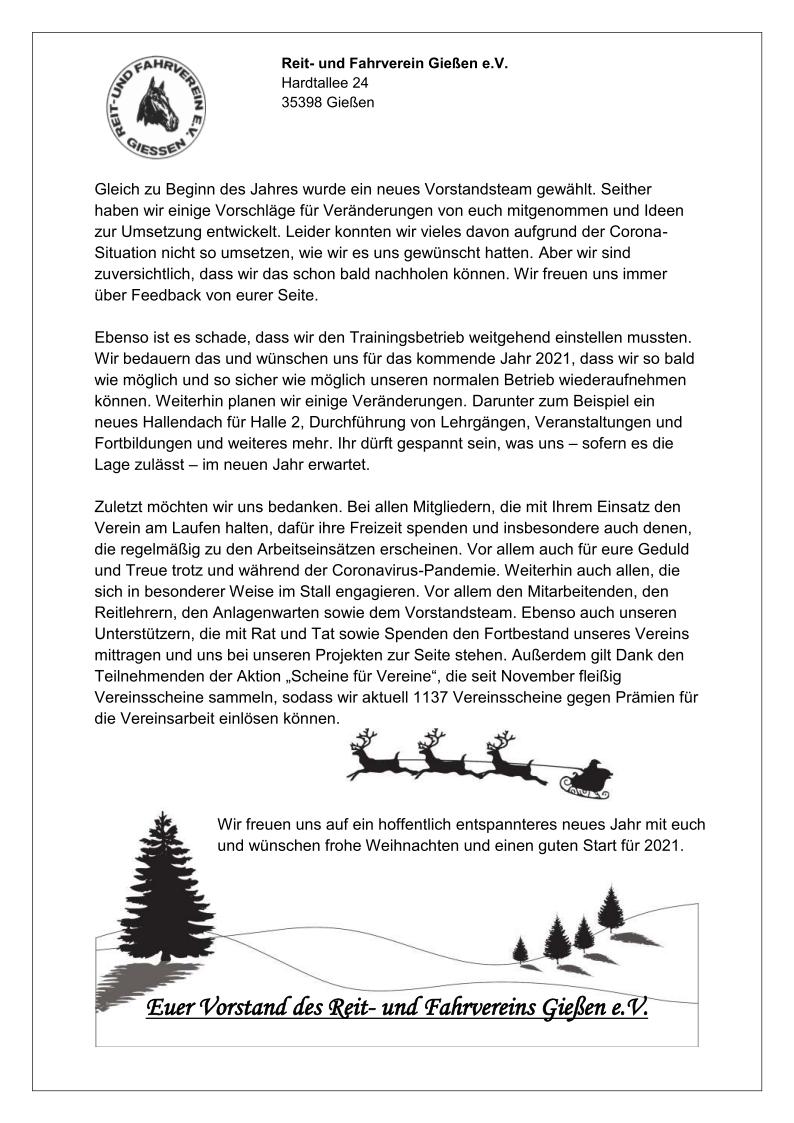 Hier klicken um Brief als PDF herunterzuladen Weihnachtsbrief Reit- und Fahrverein Gießen e.V. Seite 2