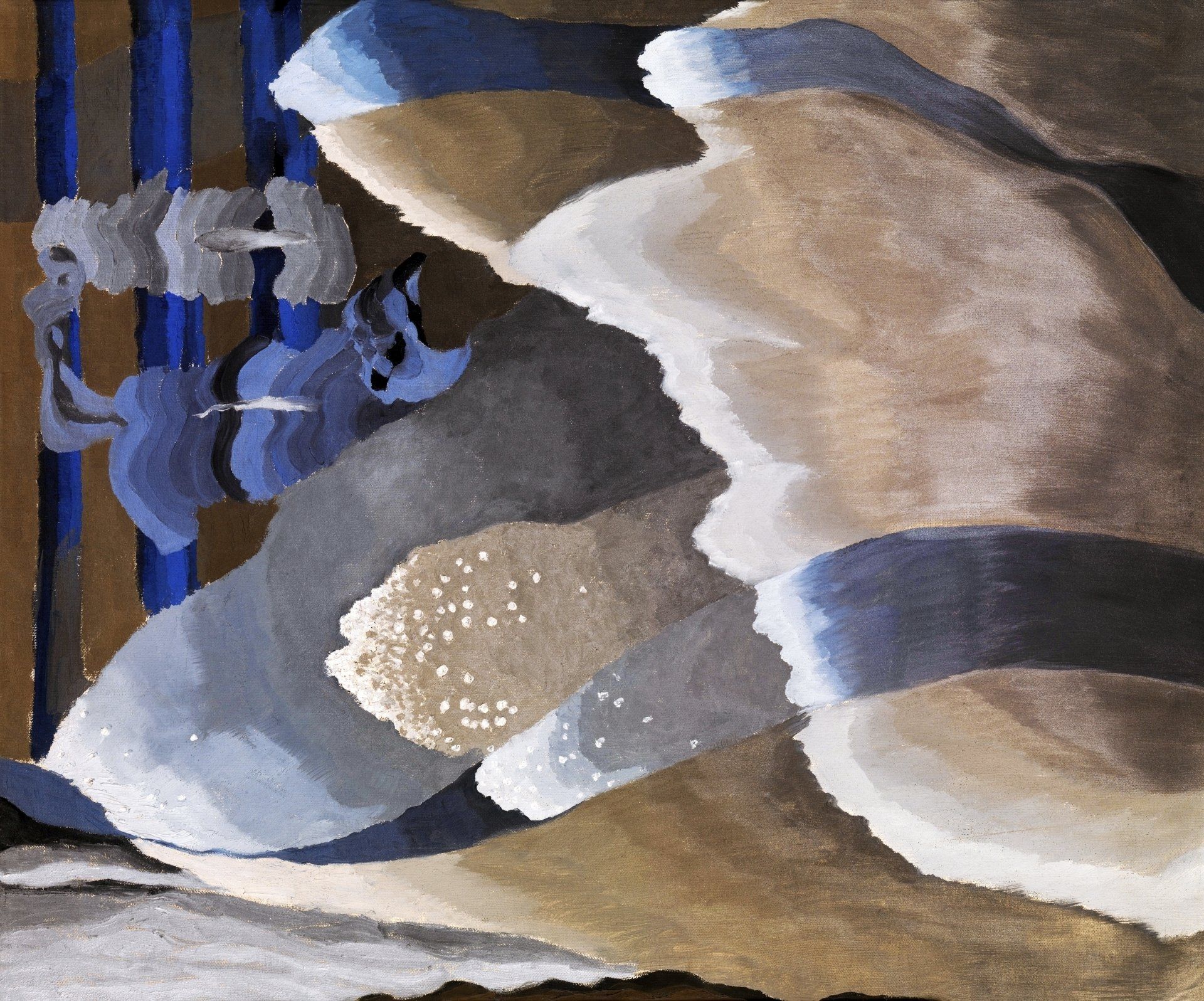 Abstract waves in white, blue, grey, and tan